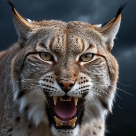very realistic close-up photography of the head of a agressive lynx , background dark sky with lightning