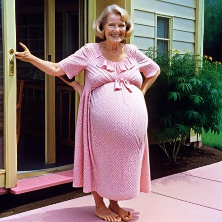 full-body photo of a very pregnant smiling elderly woman. She is wearing a pink maternity dress. She is standing barefoot, her legs and feet very swollen.