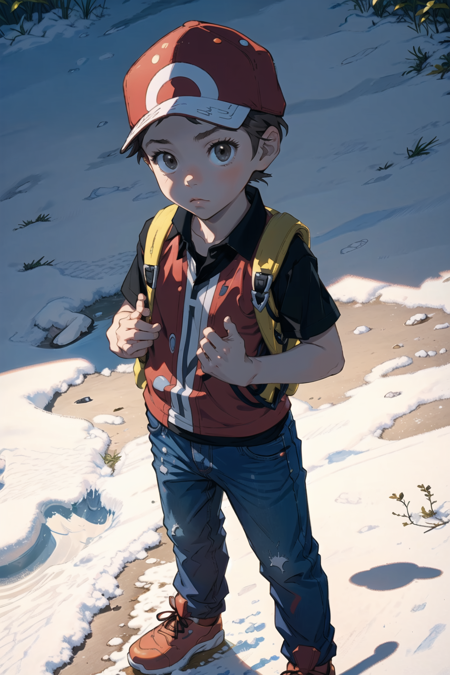 masterpiece, best quality, <lora:RedLora:0.7>, 1boy, solo, red \(pokemon\), (AS-Younger:1.3), serious, black shirt, red vest, red hat, jeans, standing on a mountain, snow, yellow backpack, closed mouth,