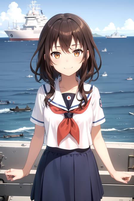 KurokiHiromi brown hair, brown eyes, long hair serafuku, short sleeves, blue skirt, red neckerchief