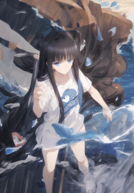 <lora:touma kazusa V1.1:1>, 1girl, long hair, black hair, blue eyes, standing, looking at viewer, school uniform, holding dolphin,