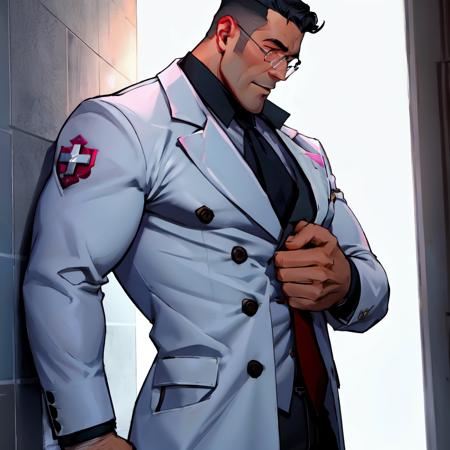 medic_tf2, white coat, male focus, bara, pectorals, hairy, <lora:ticktockLora-10:0.6>