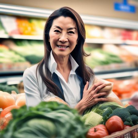 a vogue portrait of a michelle yeoh , in Walmart, buying groceries, bread, fresh vegetables, fresh fruit, artstation, cgsociety, very detailed, intricate, detailed illustration, by artgerm and greg rutkowski and alphonse mucha, octane render, unreal engine, hyperrealism