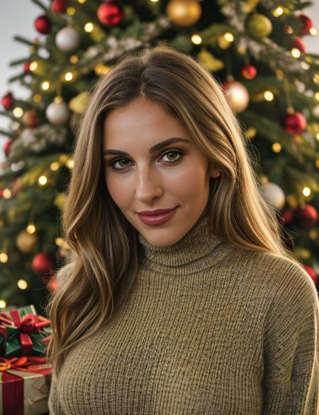 photo of 3llm5 , RAW, nature, outdoor, Spectacular light, Christmas decoration, (Santa Claus Turtleneck Pullover) , Colorful flowering, 8k, soft lighting, high quality, film grain, Olympus OM1 sharp focus, f 3.4, (eyeliner), (seductive pose), breast, large breast, Christmas theme, upper body, smile