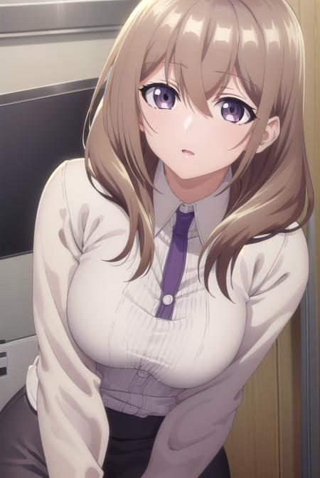 shiori katase, long hair, brown hair, hair between eyes, (purple eyes:1.1), light brown hair, skirt, shirt, black skirt, formal, suit, pencil skirt, office lady, business suit,