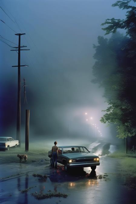 <lora:Gregory Crewdson Style:1>Gregory Crewdson Style - off road accident on turnpike at night and fog Gregory crewdson