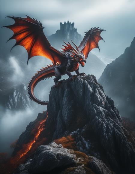 a low-angle view of a majestic dragon perched on a rocky cliff, with fiery eyes and enormous, leathery wings spread wide. The scene is set on a craggy mountain peak, surrounded by rolling mists and distant castle ruins. cinematic style, dynamic colors and dramatic lighting to emphasize the dragon's grandeur and the rugged terrain.