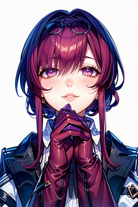 masterpiece, best quality, best light, best shadow, highly detailed,ultra detailed,KAFUKA, 1girl, solo, portrait,  eyes,from below,sitting, purple gloves, standing, purple stockings, hands up, looking at viewer, single boot, white background,<lora:KAFUKAV3-000008:0.9> <lora:add_detail:0.5>