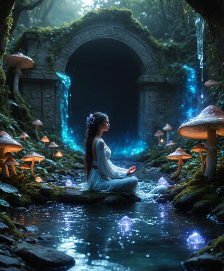 photorealistic mystical scene, fungal myconid sage, female, meditative pose, magical mushroom grove, blending with environment, beauty with spores, glowing mushrooms, intricate light and shadow, shimmering time portal behind, bioluminescent water pool, ancient ruins, burial tombs, liquid energy oozing, ferociously bubbling pool, water, fire, ice, ultra-detailed, masterpiece, best quality, best lighting <lora:Retro_Atomic:0.25000000000000006> <lora:Add_More_details_SD3:0.45000000000000007>