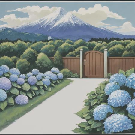 Slight retro color, flat, grainy, riso print style, illustration, cute, white space, low saturation, ,bridge, building, bush, city, cloud, day, door, fence, field,orest, garden, grass, house, hydrangea, mountain, nature, no_humans, outdoors, path, plant, potted_plant, purple_flower, road, scenery, sky, skyscraper, traditional_media, tree,