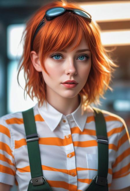 (best quality, masterpiece, beautiful and aesthetic:1.2, colorful, dynamic angle)((Full shot)), (highly detailed illustration), science fiction, extreme detailed, colorful,35mm, bokeh, 9:16, (intricate details, hyperdetailed:1.15), detailed, sunlight passing through hair (high contrast, official art, extreme detailed, highest detailed), <lora:Leeloo_5thElement_MillaJovovich_smf_lora_v2:0.9>, 1girl, l3e1o057h-smf, solo, realistic, shirt, blue eyes, looking at viewer, lips, red hair, parted lips, short hair, upper body, striped shirt, white shirt, suspenders, short sleeves, blurry, nose, bangs, orange hair, indoors, blunt bangs, green eyes, blurry background, portrait <lora:add_detail:0.5>