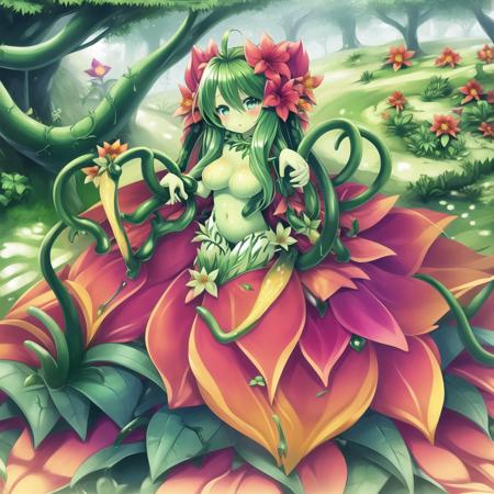 1girl, alraune \(monster girl encyclopedia\), full body, wet, nectar, vines, outstretched arms, plant, hands, slimy leaves, flower, <lora:alraune_2474:1>, masterpiece, best quality, masterpiece,