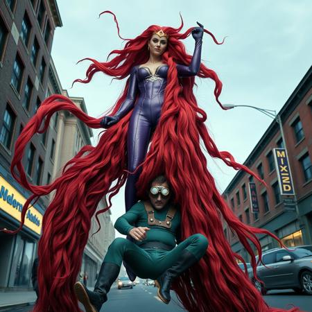 documentary color photograph of Queen Medusa, a stunningly beautiful superhero in purple rising above the street held up by her extremely long thick lush full-bodied red hair reaches all the way down to the ground and extends a for a long ways, a thick column of amazing cascading long locks, the longest hair ever, meters of hair, longer than their feet, it trails beyond her and continues to run incredibly far along the ground and down the street.  Her hair has wrapped itself securely around a villain dressed in a green boiler suit and goggles who struggles vainly to free themselves as the hair forces them to the ground