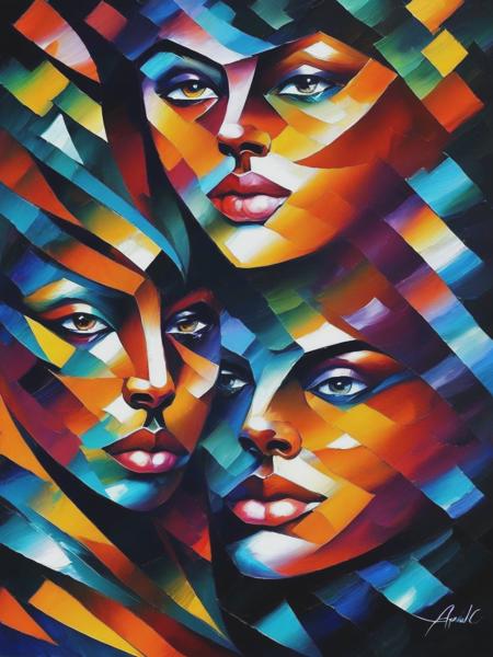 <lyco:LeonidAfremov:1.0> An abstract portrait of a person's relationship with themselves, with bold shapes and contrasting colors to represent self-discovery and growth by leonid afremov