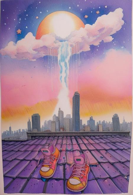 maidrauh_2, dutch_angle, low-angle shot, from below view, masterpiece, best quality, very aesthetic, absurdres, A highly detailed, vibrant anime drawing is on a white paper. The drawing depicts a young figure standing on a rooftop at sunset, gazing at a distant, radiant rainbow stretching across the sky. The figure is wearing a pair of old, worn rocking shoes, reflecting a sense of nostalgia. Puddles made of tears glisten around the figure, capturing the emotional weight of the scene. The sky above is a mesmerizing blend of oranges, pinks, and purples, with stars beginning to twinkle. In the background, city buildings and a golden, glowing sun set the scene. The atmosphere is filled with a sense of longing and dreams, no humans, emotional, nostalgic, vibrant sunset, rainbow, rooftop, worn rocking shoes, puddles of tears, twilight sky, stars, cityscape, radiant sun, outdoor scene, watercolor (medium), detailed background, anime artwork, anime style, key visual, highly detailed, masterpiece, best quality, very aesthetic, absurdres