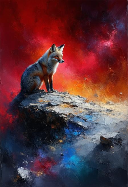 Bathed in the crimson glow of a dying nebula, a solitary silver fox perches on a shattered asteroid. Bold, fractured brushstrokes of sapphire and gold paint the cosmic dust, creating a swirling tapestry of light and shadow. The foxâs fur catches the ethereal light, highlighting its sharp features and conveying a sense of quiet resilience. This neo-expressionist composition blends the organic with the artificial, evoking a lonely grandeur and a profound sense of existential wonder. A subtle, atmospheric perspective emphasizes the vastness of space, drawing the viewer into a dreamlike panorama of beauty and melancholy.
