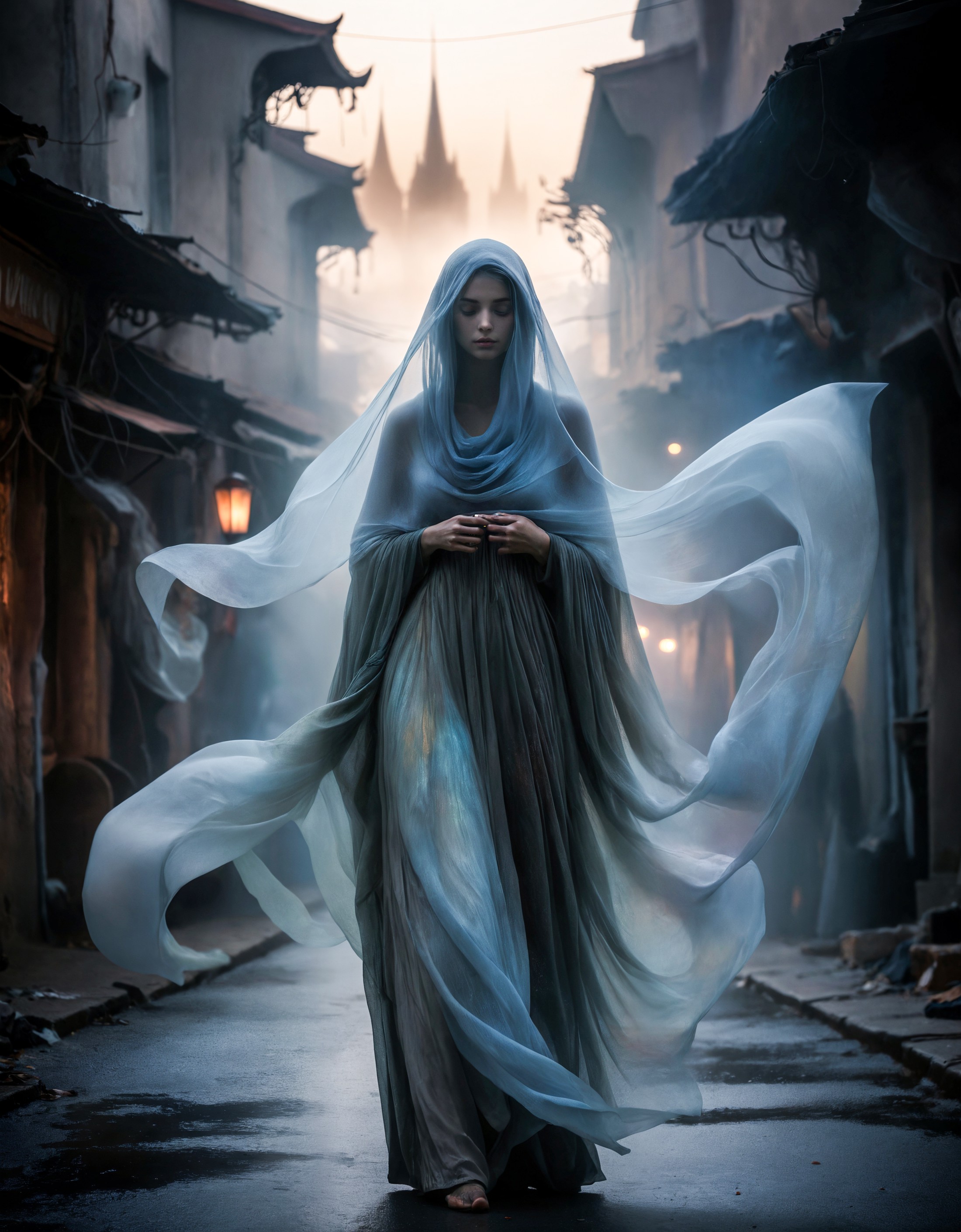misty cityscape, the image portrays a mysterious figure cloaked in layers of flowing, iridescent fabric that shifts and sh...