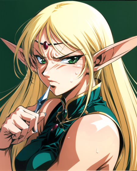 yuuki nobuteru, 1990s \(style\), 1girl, angry, blonde hair, circlet, elf, green eyes, long hair, pointy ears, retro artstyle, solo, sweat,  ((masterpiece)) <lora:yuuki_nobuteru_offset:1>