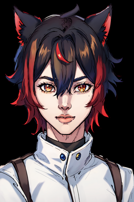 Duskfallcrew Art Style, 1boy, male focus, solo, looking at viewer, short hair, blue eyes, simple background, red eyes, animal ears, yellow eyes, male focus, two tone hair, ombre hair, gradient hair, black hair, red hair, parted lips, cat ears, miqote, lips, heterochromia, black background, portrait, masterpiece, official art, best quality, absurdres , <lora:DuskArtV7:0.8>