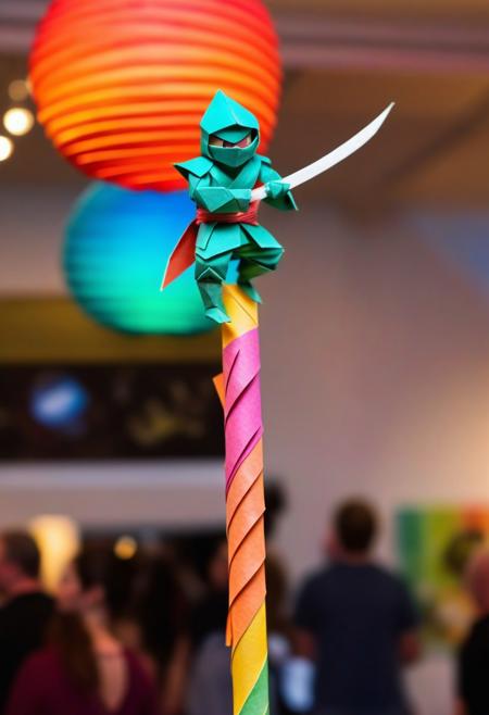 a picture of an origami of a ninja perched on top of a light pole made from a single sheet of multicolored paper, the piece is displayed in a museum with many viewers in the background, bokeh