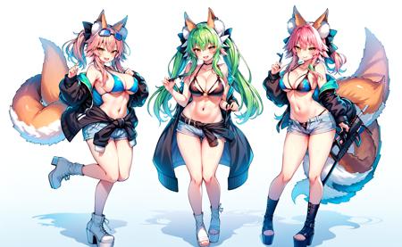 multiple girls, kiyohime (fate), 3girls, osakabe-hime (fate), breasts, tamamo (fate), tail, long hair, horns, large breasts, fox ears, swimsuit, fox tail, bikini, tamamo no mae (fate/extra), goggles, yellow eyes, animal ears, animal ear fluff, shorts, navel, dragon horns, cleavage, looking at viewer, very long hair, goggles on head, jacket, green hair, fox girl, pink hair, brown hair, black hair, twintails, smile, multicolored hair, gradient hair, clothes around waist, open mouth, blush, blue bikini, dragon girl, ponytail, collarbone, jacket around waist, sandals, multiple horns, tamamo no mae (swimsuit lancer) (fate), purple eyes, bare shoulders, low twintails, boots, bangs, full body, bow, aqua hair, hair bow, white bikini, white background, platform footwear, belt, bikini top only, red eyes, holding, kiyohime (swimsuit lancer) (fate), gradient, standing, simple background, short shorts, open clothes, gradient background, pink bikini, sidelocks, yellow bow, eyewear on head, high heels, o-ring, weapon, closed mouth, open jacket, blue jacket
 <lora:wisespeakArtstyle:0.9>