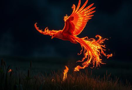 a hellish phoenix flying over a meadow at night, its wings are covered with fire, the fire from its wings flows onto the meadow and sets it on fire, fantasy, real image