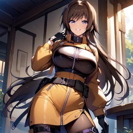 takamura yui,  brown hair, purple eyes, long hair, large breasts originaloutfit pilotoutfit gekkaoutfit militaryuniform bikinioutfit swimwearoutfit