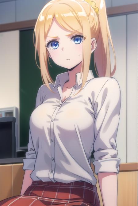 clairethomas, <lora:claire thomas anime s1-lora-nochekaiser:1>,
claire thomas, long hair, blue eyes, blonde hair, ponytail, scrunchie,
BREAK skirt, shirt, school uniform, white shirt, plaid, plaid skirt,
BREAK indoors, classroom,
BREAK looking at viewer,
BREAK <lyco:GoodHands-beta2:1>, (masterpiece:1.2), best quality, high resolution, unity 8k wallpaper, (illustration:0.8), (beautiful detailed eyes:1.6), extremely detailed face, perfect lighting, extremely detailed CG, (perfect hands, perfect anatomy),