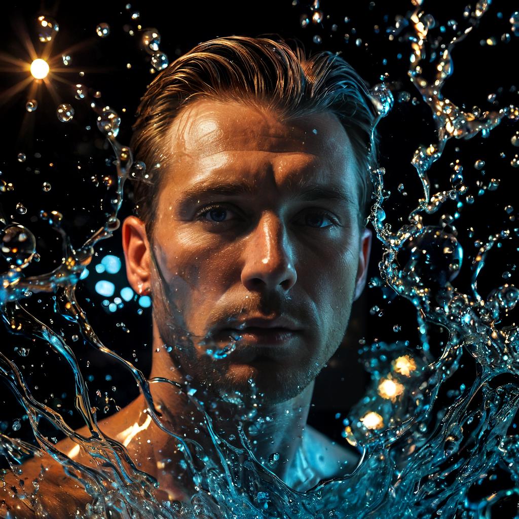 long shot scenic professional photograph of A hyperrealistic portrait of a man whose body is composed of constantly shifting liquid glass, his skin flowing and reforming into intricate, glowing patterns as it moves. His face is partially visible through the glass, but large sections are melting and reforming in real-time. His eyes are glowing orbs of liquid light, and his hair is made of flowing, molten glass that drips and reforms as it moves. Behind him, the background is a surreal, glowing landscape of flowing glass rivers and crystalline mountains, all reflecting and refracting the light in a dazzling array of colors., perfect viewpoint, highly detailed, wide-angle lens, hyper realistic, with dramatic sky, polarizing filter, natural lighting, vivid colors, everything in sharp focus, HDR, UHD, 64K