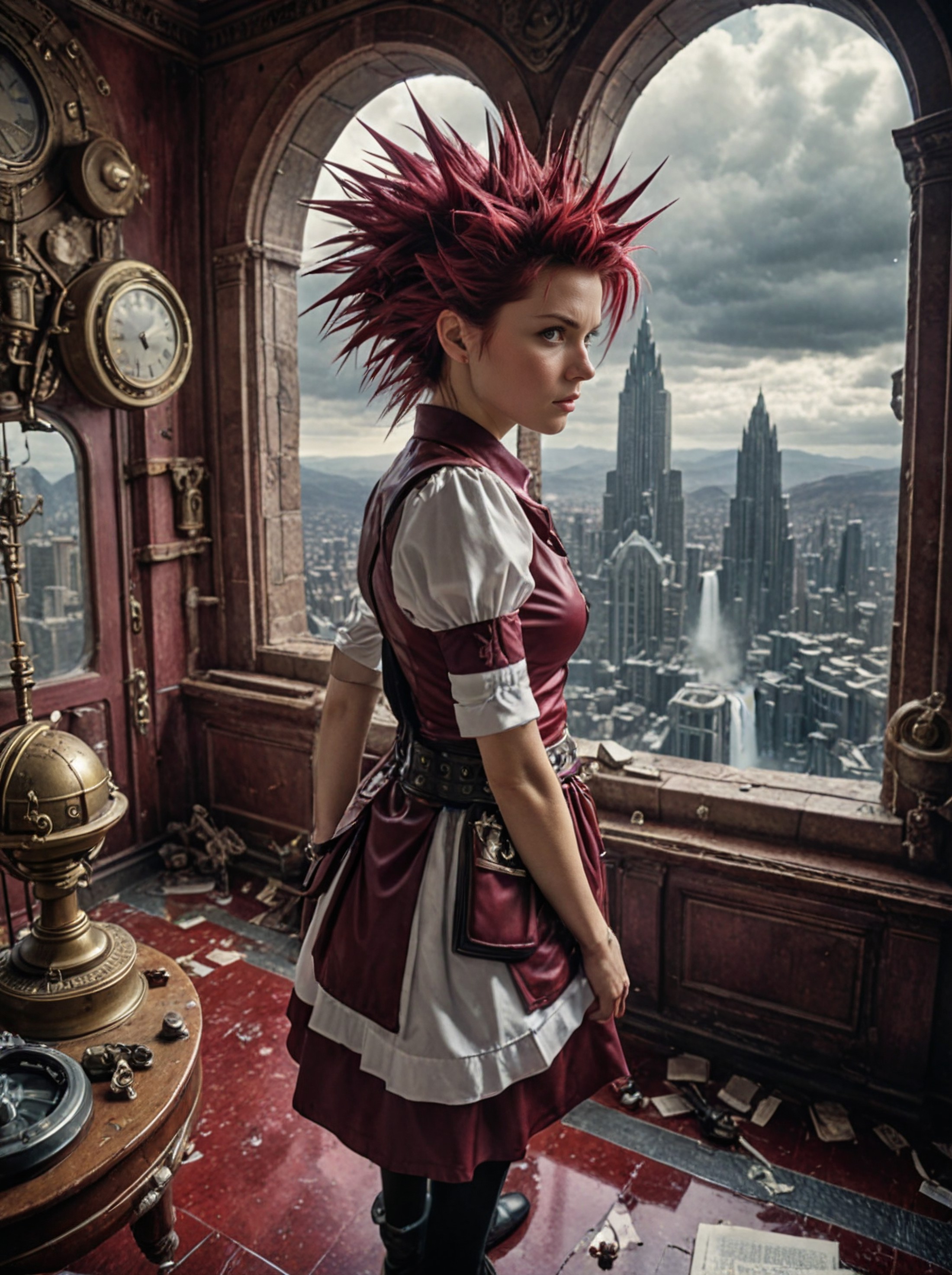 a female maid secret police,Spiky hair,Maroon,wide angle,In the Stormforged Observatory overlooking Ephemeral Falls,style ...