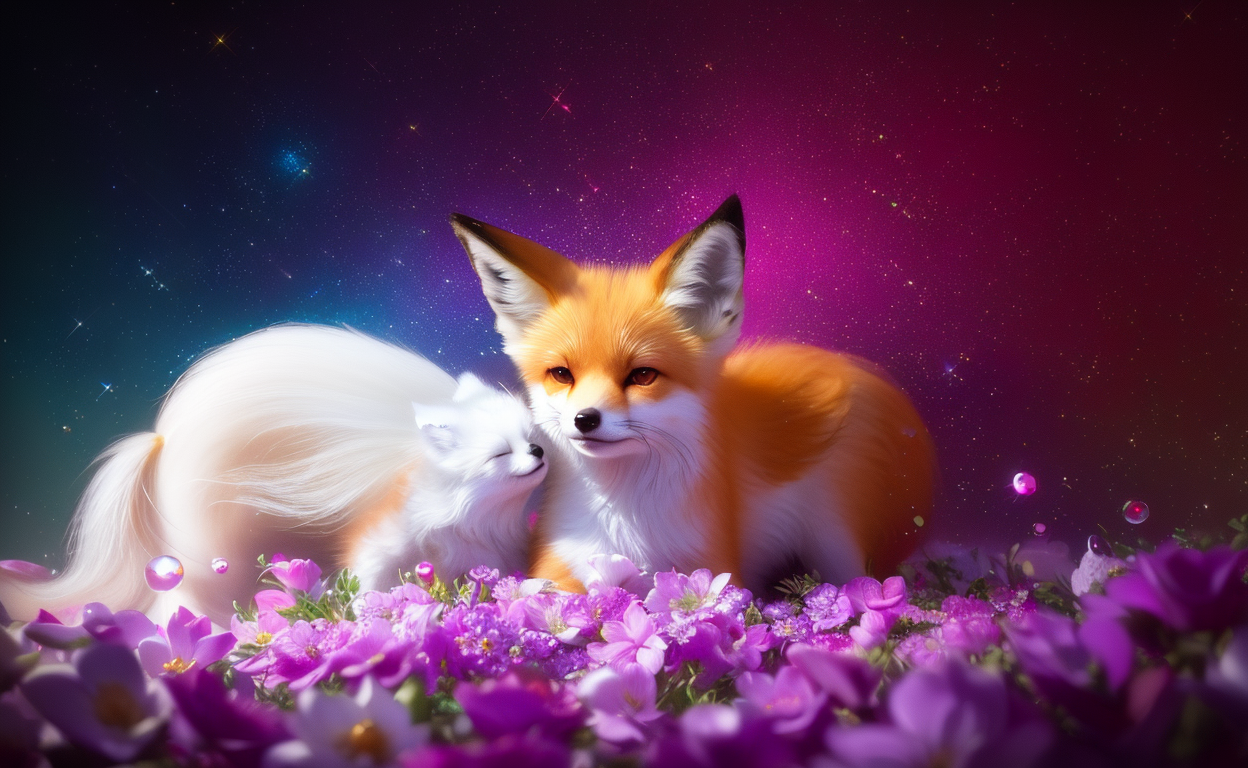 neko, iridescent filigree cute fox creatures, sparklesflowers, detailed, intricated, surreal, gemstones, diamondsfeathes, ...