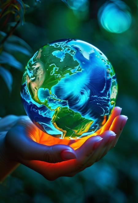 Mother Nature holding the planet earth on her palm, double exposure, triadic color, detailed, intricate, beautiful, gorgeous, playful, synesthesia, incandescent, radiant, luminous, lambent, effulgent, lucent, fulgent, illuminated, luminescent, shimmering, coruscating, brilliant, dazzling OverallDetail
