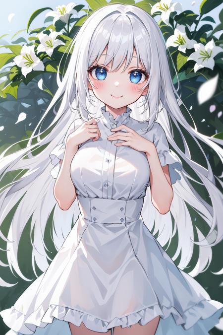 1girl, long hair, solo, breasts, blue eyes, flower, dress, white hair, smile, looking at viewer, white dress, white flower, petals, very long hair, lily \(flower\), bangs, short sleeves, blush, closed mouth, standing, cowboy shot, hand up, sidelocks