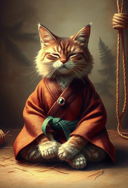 A cat made out of fir needles, The cat, is seated in a meditative pose, reminiscent of a Zen master. The cat is wearing a traditional Japanese-style kimono, featuring orange and maroon patterns. The kimono's details include an green obi (sash) and a decorative jewel-like stone on it. The cat's fur is fluffy and long, with a soft, delicate appearance. Its eyes are closed, giving a peaceful and serene expression. The cat's body is positioned in a relaxed, seated posture, with paws resting on its lap. It is centered in the image and facing the viewer directly. The background is a muted, earthy tone, with a depiction of hay or straw, creating a tranquil atmosphere. fir trees with rope are visible in the background, contributing to a rustic, serene setting. The lighting is soft and warm, highlighting the cat's features and the kimono's patterns. The overall style is artistic, with detailed brushstrokes and soft color blending. The image exudes a sense of calm and tranquility. fir needle style,