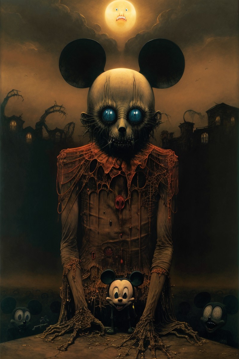 mickey mouse, creepy, nightmare, disturbing, creepy, gloomy, rotten, by zdzislaw beksinski