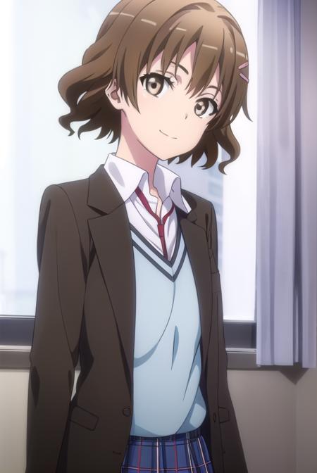 kaoriorimoto, <lora:kaori orimoto s2s3-lora-nochekaiser:1>, 
kaori orimoto, short hair, brown hair, hair ornament, (brown eyes:1.5), hairclip, smile,
BREAK skirt, ribbon, school uniform, jacket, black jacket, plaid, plaid skirt, blazer, sobu high school uniform,
BREAK indoors, classroom,
BREAK looking at viewer,
BREAK <lyco:GoodHands-beta2:1>, (masterpiece:1.2), best quality, high resolution, unity 8k wallpaper, (illustration:0.8), (beautiful detailed eyes:1.6), extremely detailed face, perfect lighting, extremely detailed CG, (perfect hands, perfect anatomy),