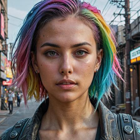 epic realistic, DV_Karah_Vicious, cyberpunk lanscape, ultra realistic, cinematic lighting, ultra detailed, detailed gorgeous face, beautiful girl, olive skin, medium length rainbow hair, simetric face, good anatomy, deusamelada, (Masterpiece:1. 3), (best quality:1. 3), <lora:add_detail:0. 4> <lora:epi_noiseoffset2:0. 4> <lora:hairdetailer:0. 6> <lora:more_details:0. 3> <lora:add-detail-xl:1. 2> <lora:DetailedEyes_V3:1. 2> <lora:sd_xl_offset_example-lora_1. 0:1. 2>, (natural skin texture, hyperrealism, soft light, muted colors), background, rutkowski, rim light