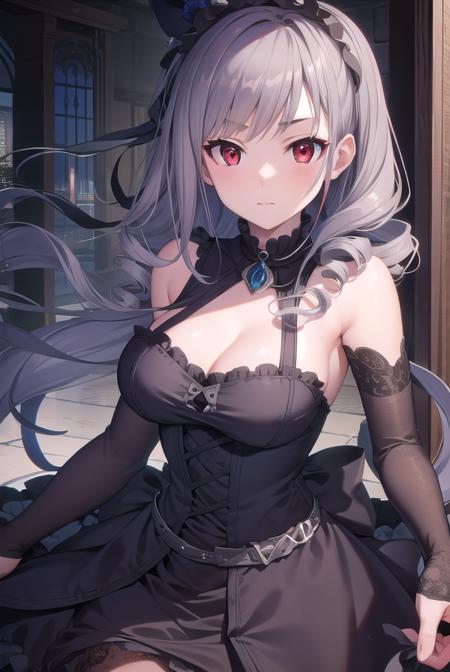 ranko, (drill hair:1.5), grey hair, long hair, pale skin, (red eyes:1.5), twin drills, black dress, dress, gothic, gothic fashion, neck garter,