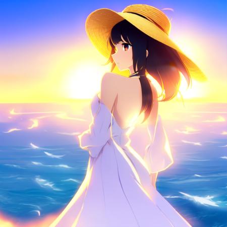 anime, a woman stands on the edge of a cliff overlooking a vast sea with white dress and sun hat in the background, anime style mixed with manga by akira toriyama. art by yoshitaka amano, trending on pixiv, cinematic lighting, beautiful lighting, detailed anime eyes, hyper detailed, hyper realistic 4 k wallpaper, award winning, artstation, high quality