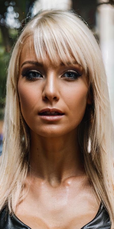 A stunning intricate full color closeup headshot of rikki_six, portrait, a woman face in paris,
((front view:1.2)), centered, detailed face, 
very long hair, makeup, seductive look, (cute smile),
wearing (police outfit:1.4),looking at the viewer, 
(natural light), ((sharp face, detailed face, realistic face, naturtal skin, realistic skin, detailed skin, pores, detailed eyes,realistic eyes)),, depth of field, ((cinematic light)), colorful, hyper detail, masterpiece, photorealistic,detailed, intricate, highly detailed eyes, sharp focus on eyes,
<lora:rikki_six:0.9>