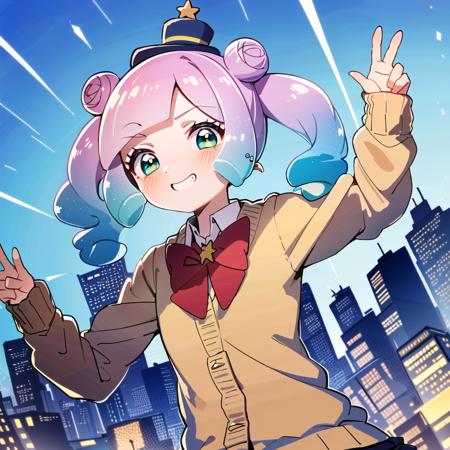 masterpiece, best quality, (1girl, solo),
gal puniru, 1girl, pink hair,, skirt, smile, solo, mini hat, slime girl, hair bun, multicolored hair, blue hair, hat, cardigan, monster girl, gradient hair, mini top hat, green eyes, pleated skirt, twintails, school uniform, bow, top hat, black skirt, looking at viewer, long hair, double bun, grin, miniskirt, bowtie, blush
<lora:GalPuniru:0.65>
blush,
((((( outdoors, city, upper body, dynamic pose, looking at viewer, )))))