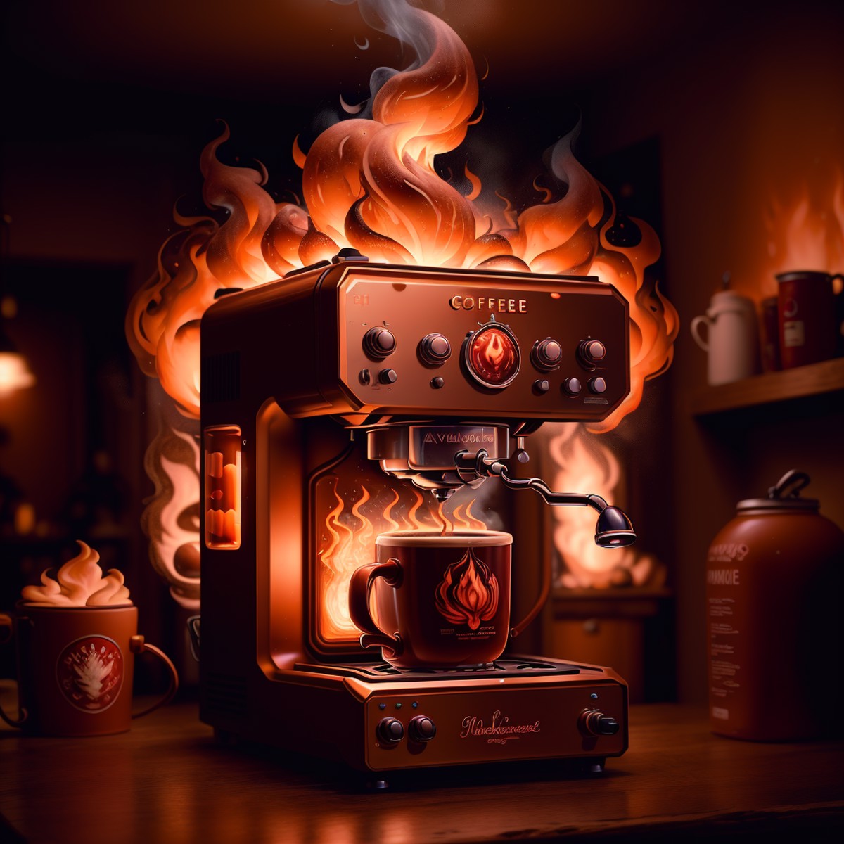 masterpiece, absurdres, extremely detailed,  <lora:MadeOfFireAI:0.6>, madeoffireai, fire ,coffee machine, day, volumetric ...