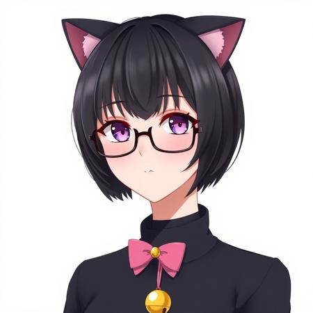 Black hair,  short woman, fringe hairstyle, bob hairstyle, anime, black glasses, pink bow, cat ears, yellow bell necklace