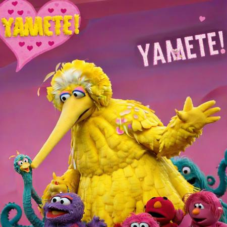 Bigbird1024, a giant yellow bird and a giant octopus, text ''Yamete!", pink background, hearts <lora:Bigbird1024-000255:0.8>