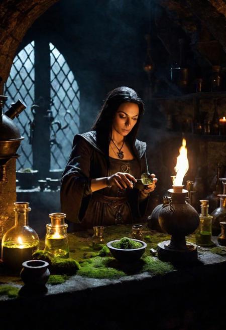 Generate an image of a concentrated female alchemist mixing a potion in his gloomy and mysterious laboratory in a dungeon. The laboratory is lit only by a dim candlelight source and contains narrow, glowing vials in various shapes, herbal ingredients, a bowl and a pestle. The walls of the dungeon are overgrown with moss and covered in cobwebs. Create a mysterious aura around the alchemist.