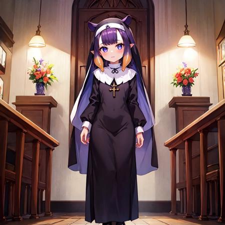 masterpiece, 1girl, best quality, ninomae ina'nis, long hair, dark purple hair, pointy ears, tentacle hair, indoors, cat ears, full body, nun, habit, black robe,