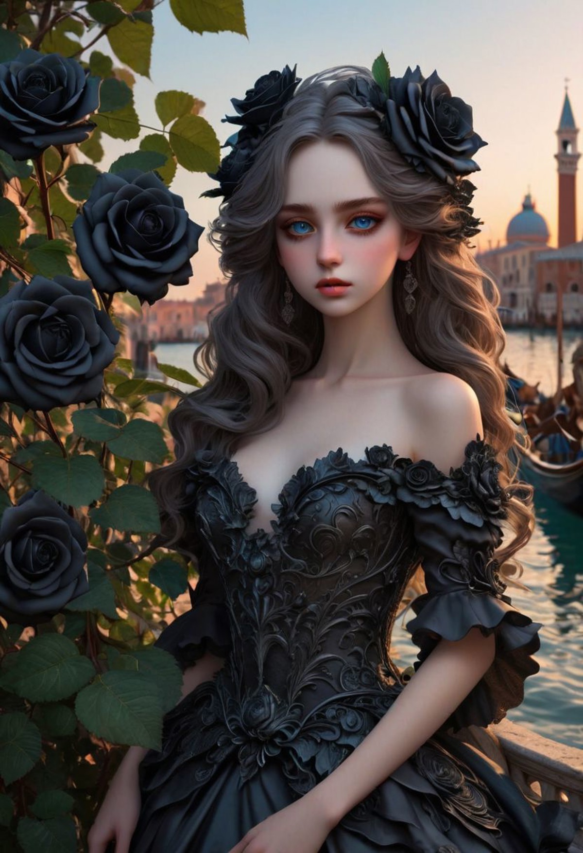 A large black rose bush in the shape of a beautiful girl with striking eyes, a dream in Venice in the first rays of dawn.