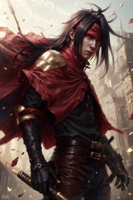 VincentValentine    long black hair, red eyes, red cloak, red headband covered mouth,  high collar