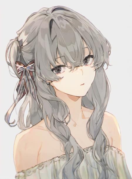 1girl, solo, long hair, hair ornament, hair ribbon, ribbon, collarbone, grey hair, hairclip, simple background, bangs, hair between eyes, bare shoulders, portrait, closed mouth, floating hair