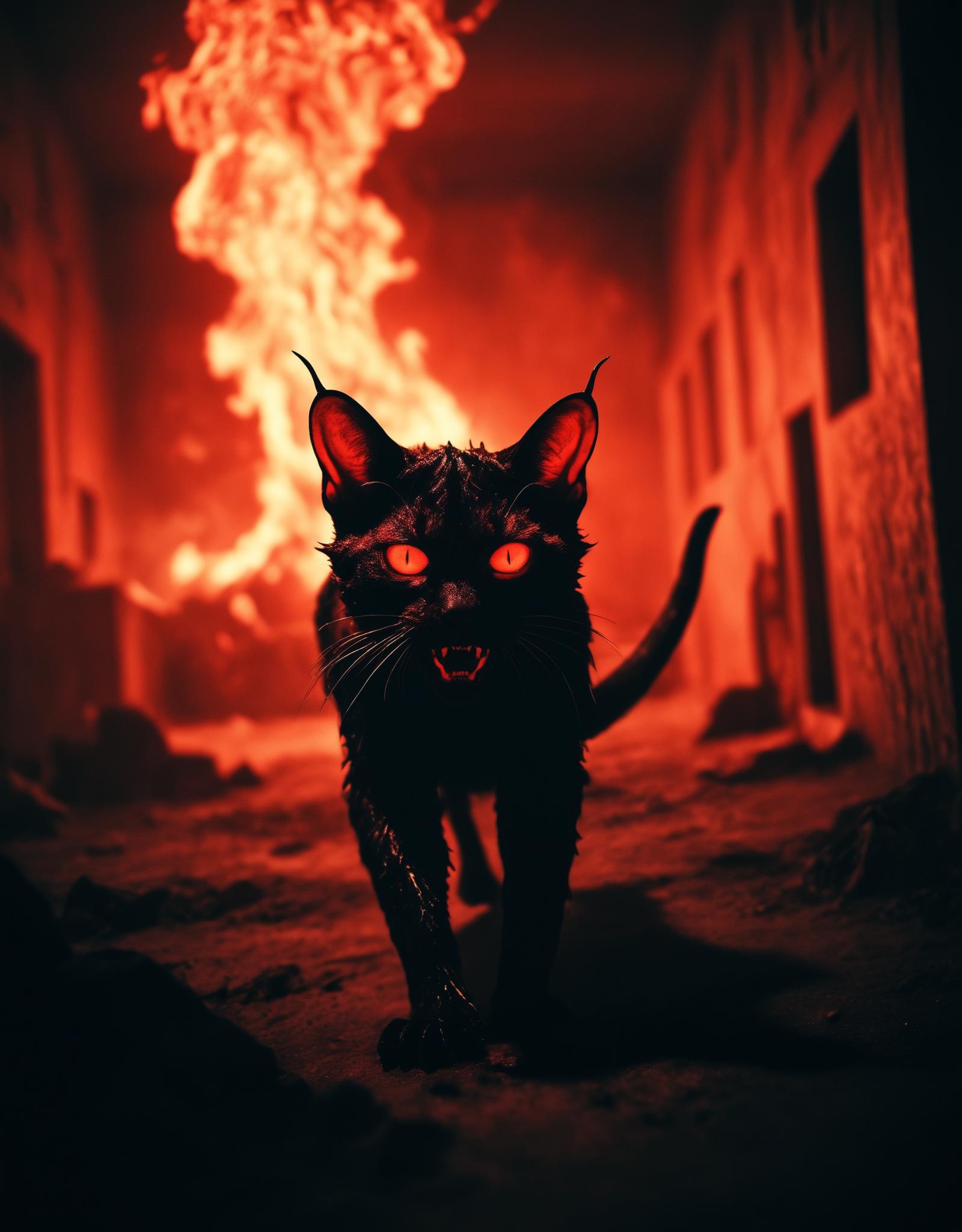 A cat with glowing eyes walking down a hallway.